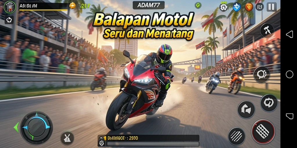 Tampilan gameplay seru dalam balapan motor ADAM77.